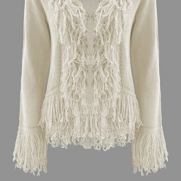 Cream Loop Fringes Knitted Cardigan Jacket M - Picture 7 of 7